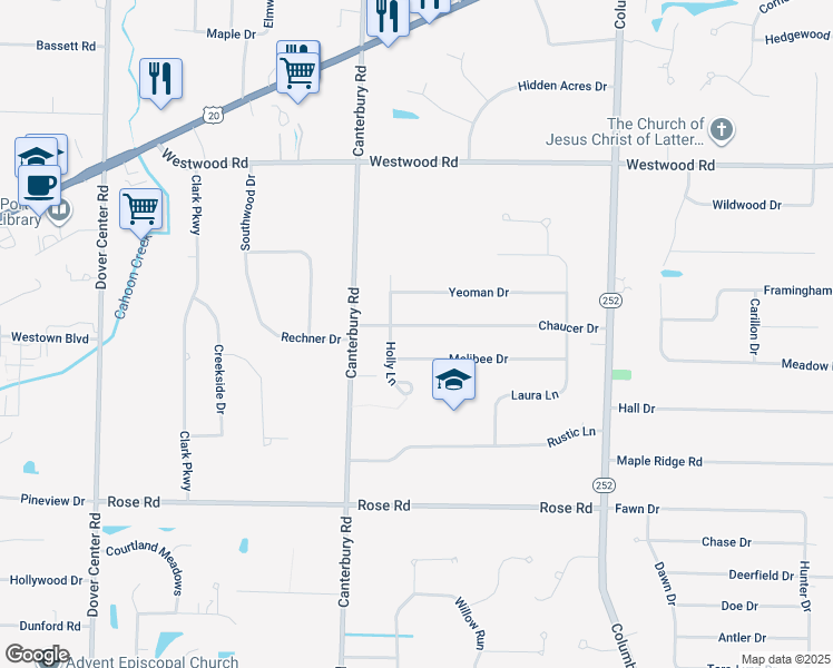 map of restaurants, bars, coffee shops, grocery stores, and more near 25906 Chaucer Drive in Westlake