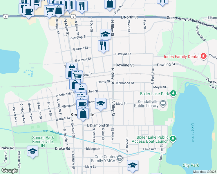 map of restaurants, bars, coffee shops, grocery stores, and more near 330 Harris Street in Kendallville