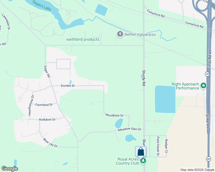 map of restaurants, bars, coffee shops, grocery stores, and more near 1600 Woodbine Dr in Valparaiso