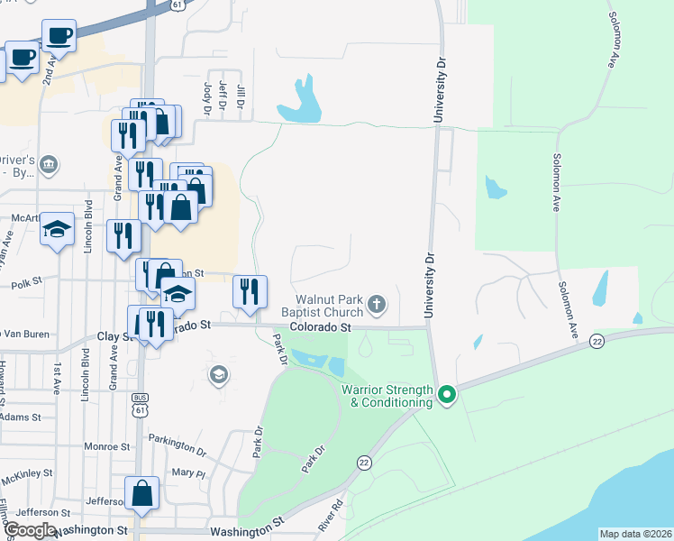 map of restaurants, bars, coffee shops, grocery stores, and more near 2236 Cobblestone Drive in Muscatine