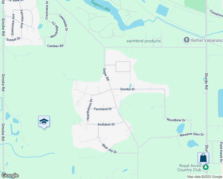 map of restaurants, bars, coffee shops, grocery stores, and more near 2609 Sager Road in Valparaiso