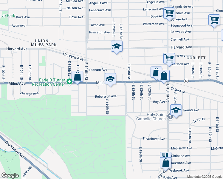 map of restaurants, bars, coffee shops, grocery stores, and more near 11918 Miles Avenue in Cleveland