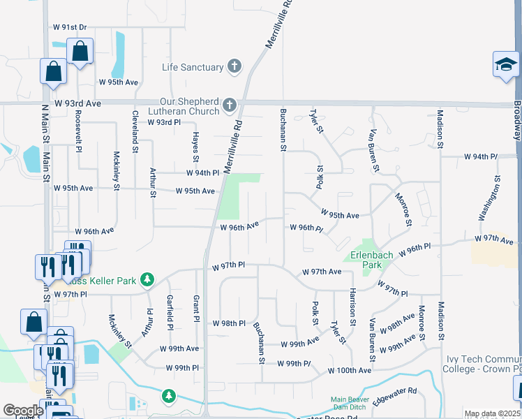map of restaurants, bars, coffee shops, grocery stores, and more near 9519 Lincoln Court in Crown Point