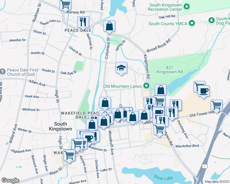 map of restaurants, bars, coffee shops, grocery stores, and more near 132 School Street in South Kingstown