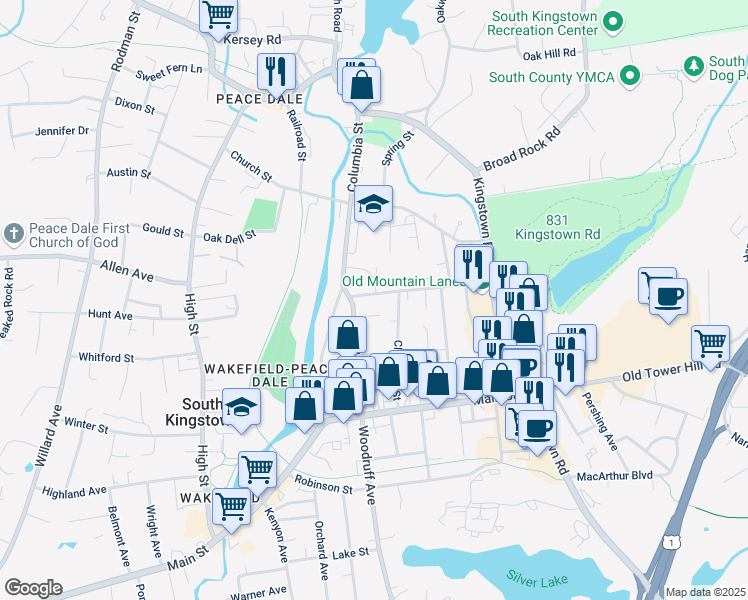 map of restaurants, bars, coffee shops, grocery stores, and more near 132 School Street in South Kingstown