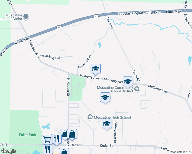 map of restaurants, bars, coffee shops, grocery stores, and more near 3211 Mulberry Avenue in Muscatine