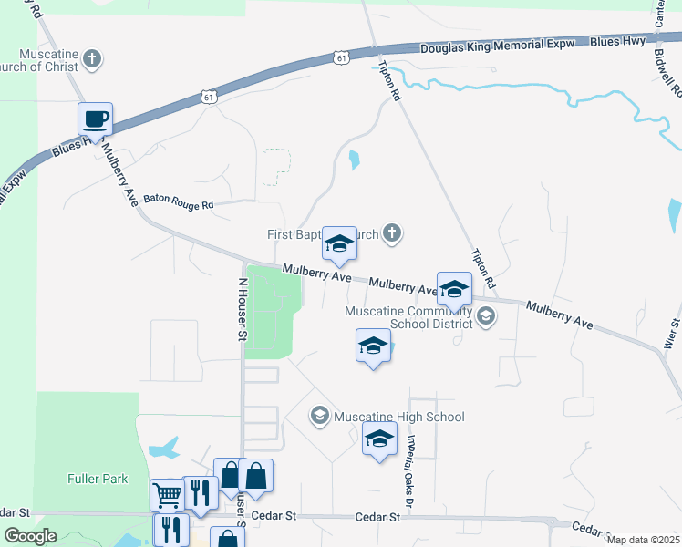 map of restaurants, bars, coffee shops, grocery stores, and more near 3211 Mulberry Avenue in Muscatine