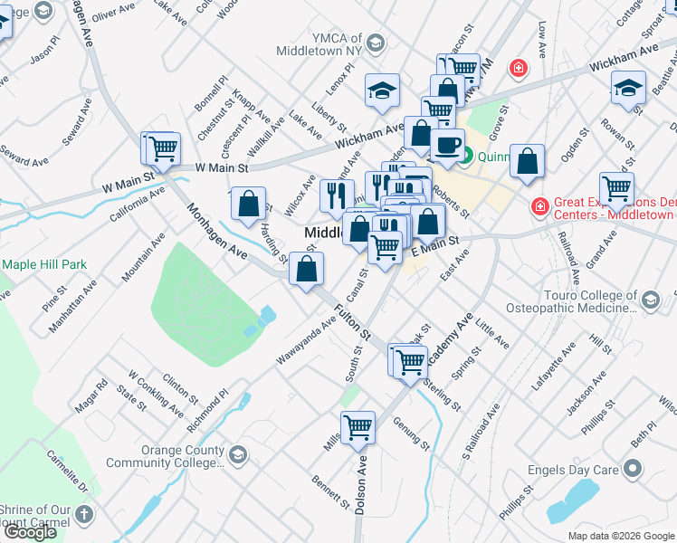 map of restaurants, bars, coffee shops, grocery stores, and more near 22 Mulberry Street in Middletown