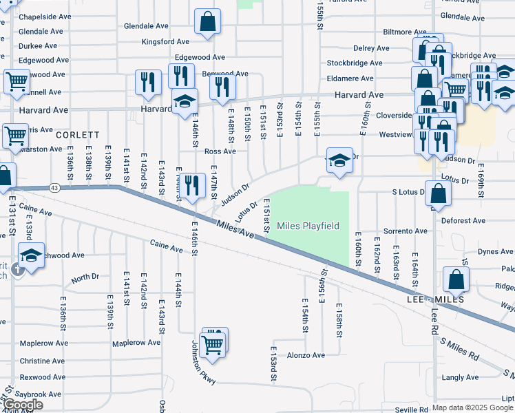 map of restaurants, bars, coffee shops, grocery stores, and more near 15002 Lotus Drive in Cleveland