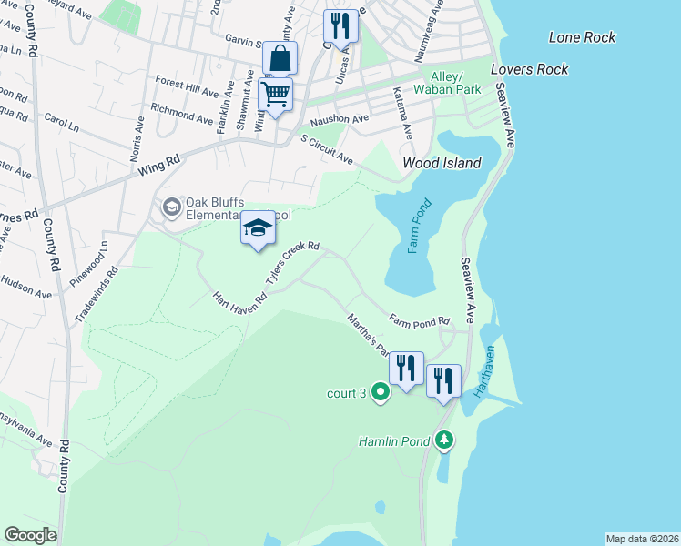 map of restaurants, bars, coffee shops, grocery stores, and more near 38 Farm Pond Road in Oak Bluffs