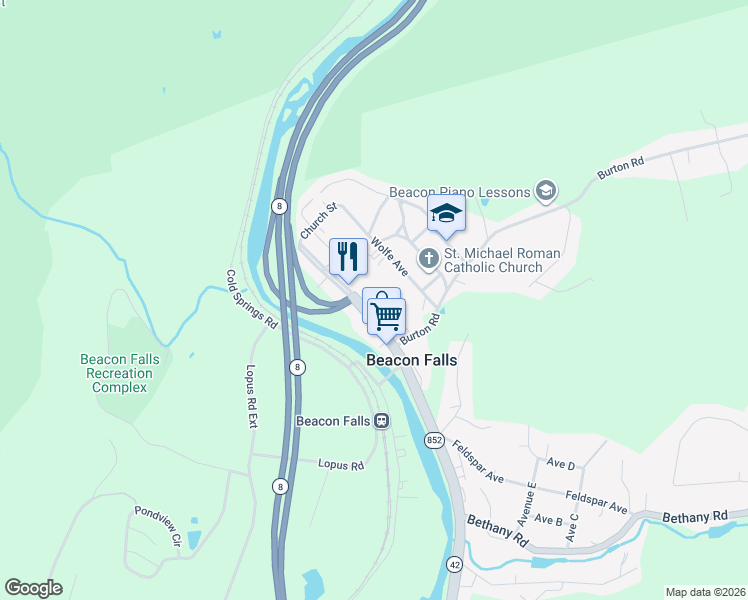 map of restaurants, bars, coffee shops, grocery stores, and more near 70 North Main Street in Beacon Falls
