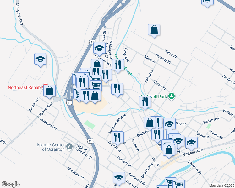 map of restaurants, bars, coffee shops, grocery stores, and more near 719 West Market Street in Scranton