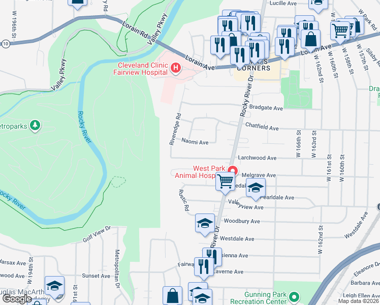 map of restaurants, bars, coffee shops, grocery stores, and more near 17821 Naomi Avenue in Cleveland