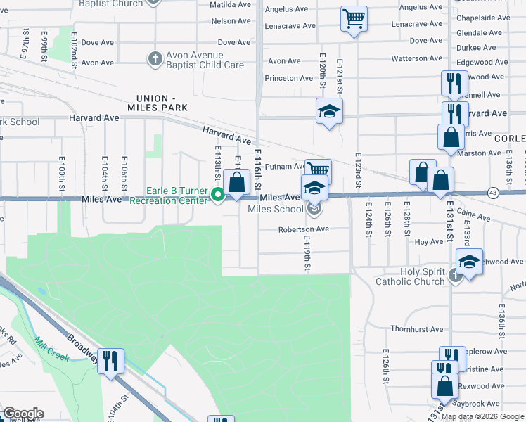 map of restaurants, bars, coffee shops, grocery stores, and more near 4219 East 116th Street in Cleveland