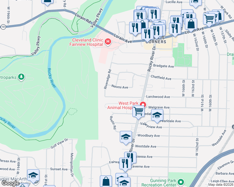 map of restaurants, bars, coffee shops, grocery stores, and more near 17821 Naomi Avenue in Cleveland