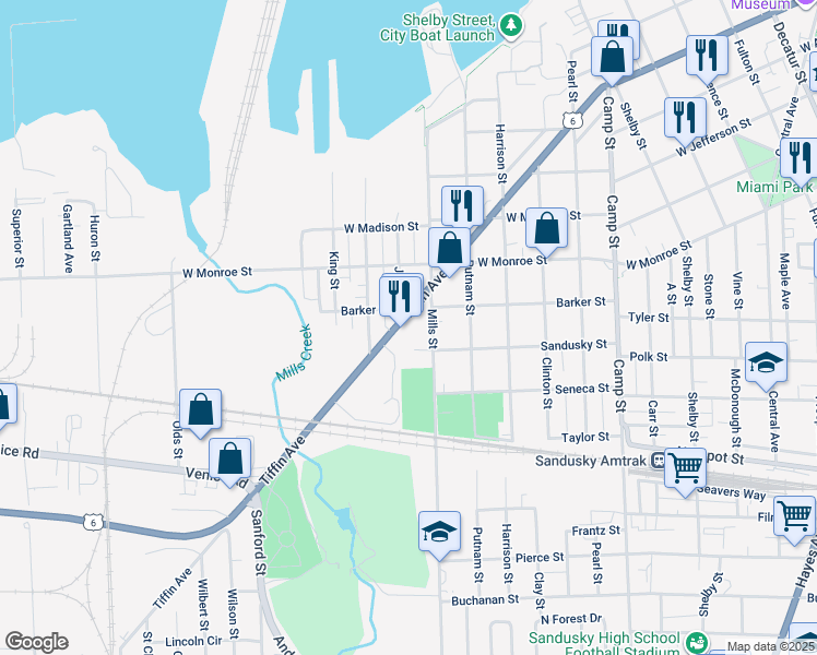 map of restaurants, bars, coffee shops, grocery stores, and more near 1036 Tiffin Avenue in Sandusky