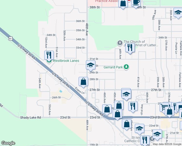 map of restaurants, bars, coffee shops, grocery stores, and more near 2950 48th Avenue in Columbus