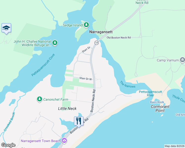 map of restaurants, bars, coffee shops, grocery stores, and more near 240 Boston Neck Road in Narragansett