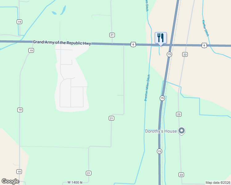 map of restaurants, bars, coffee shops, grocery stores, and more near 72351 County Road 21 in Milford