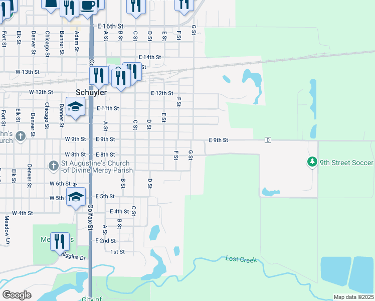 map of restaurants, bars, coffee shops, grocery stores, and more near 806-810 G Street in Schuyler