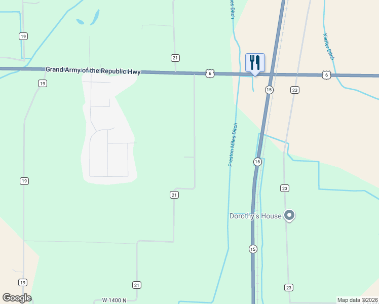 map of restaurants, bars, coffee shops, grocery stores, and more near 72351 County Road 21 in Milford