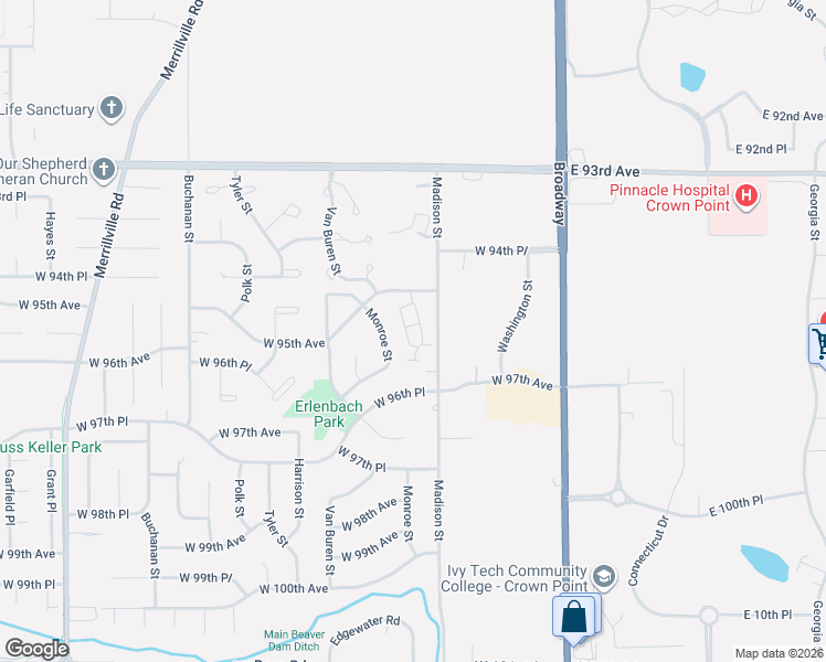 map of restaurants, bars, coffee shops, grocery stores, and more near 9554 Luebcke Lane in Crown Point
