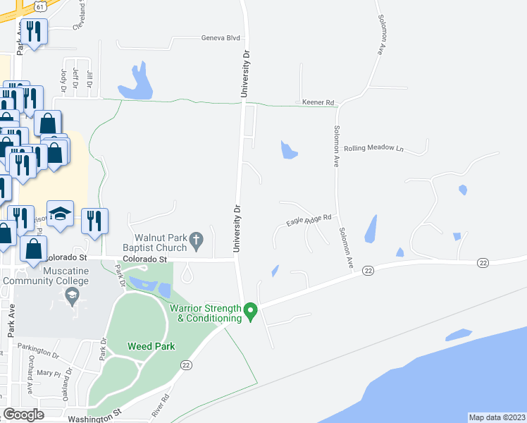 map of restaurants, bars, coffee shops, grocery stores, and more near 218 Bald Eagle Drive in Muscatine