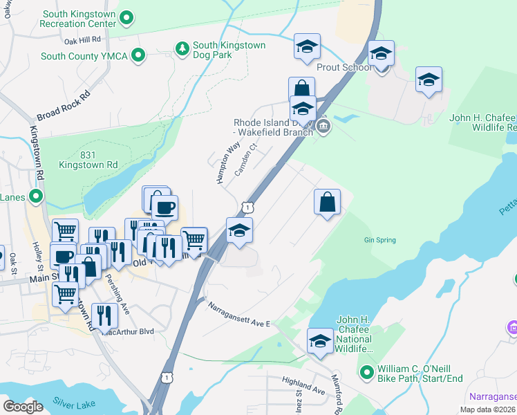 map of restaurants, bars, coffee shops, grocery stores, and more near 4994 Tower Hill Road in South Kingstown