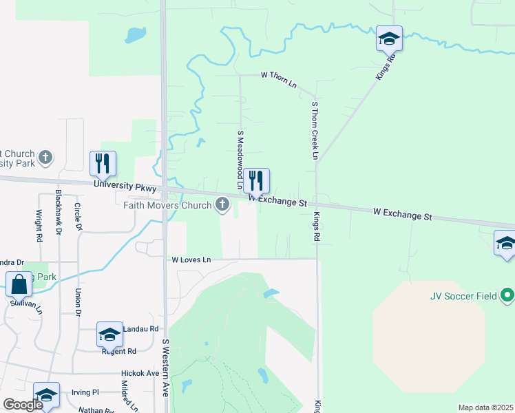 map of restaurants, bars, coffee shops, grocery stores, and more near 2123 West Exchange Street in Crete
