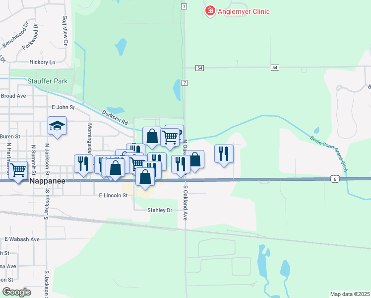 map of restaurants, bars, coffee shops, grocery stores, and more near 305 North Oakland Avenue in Nappanee