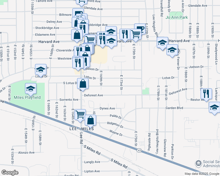 map of restaurants, bars, coffee shops, grocery stores, and more near 17001 Holly Hill Drive in Cleveland