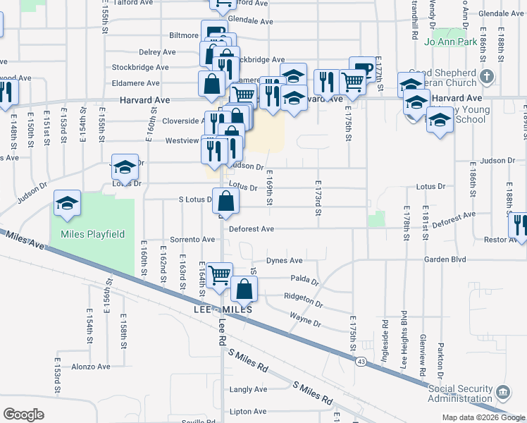 map of restaurants, bars, coffee shops, grocery stores, and more near 16801 Holly Hill Drive in Cleveland