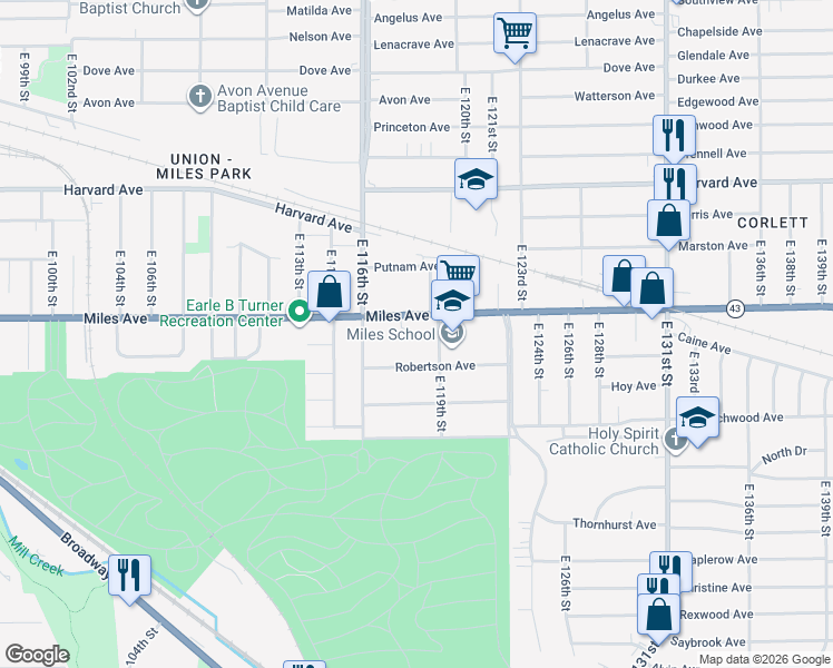 map of restaurants, bars, coffee shops, grocery stores, and more near 11708 Miles Avenue in Cleveland
