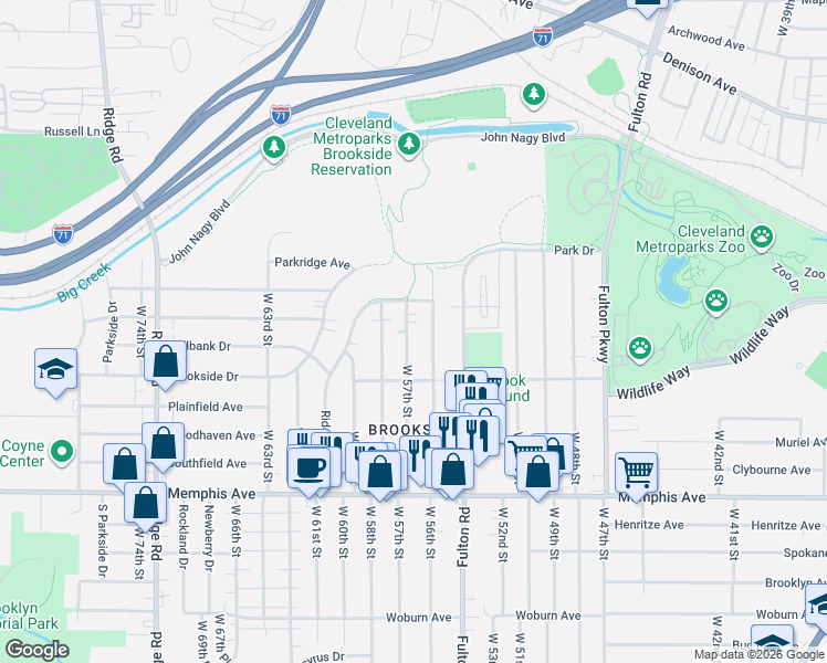 map of restaurants, bars, coffee shops, grocery stores, and more near 4102 West 57th Street in Cleveland