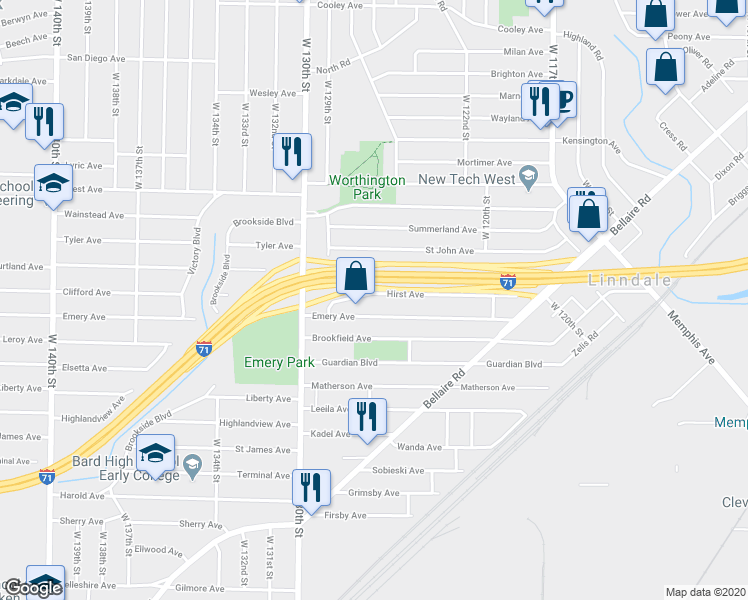 map of restaurants, bars, coffee shops, grocery stores, and more near 12625 Hirst Avenue in Cleveland