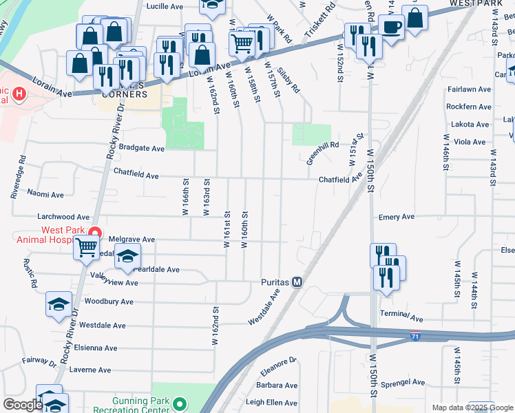 map of restaurants, bars, coffee shops, grocery stores, and more near 4028 West 158th Street in Cleveland