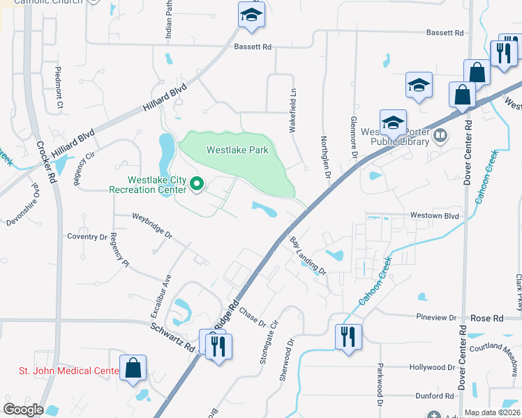 map of restaurants, bars, coffee shops, grocery stores, and more near 28080 Center Ridge Road in Westlake