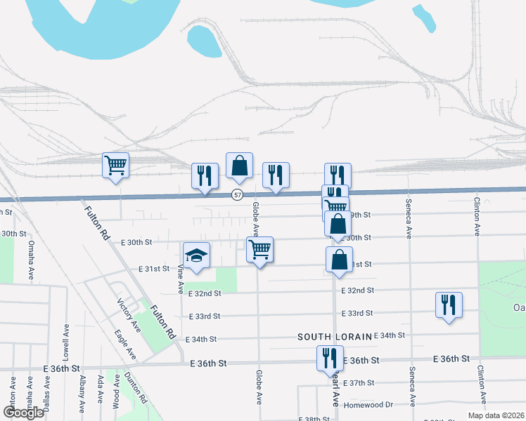map of restaurants, bars, coffee shops, grocery stores, and more near 1700 East 28th Street in Lorain