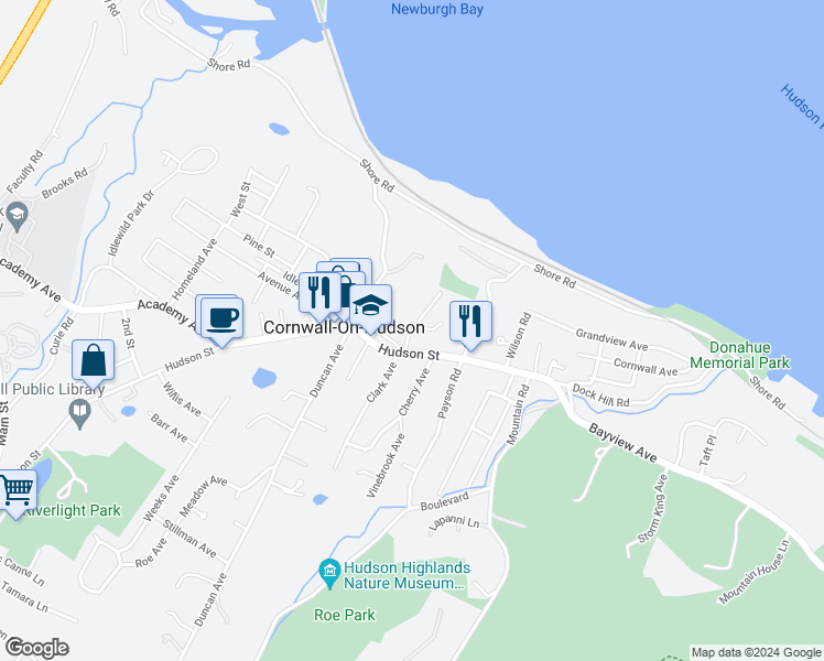 map of restaurants, bars, coffee shops, grocery stores, and more near 12 Church Street in Cornwall-on-Hudson