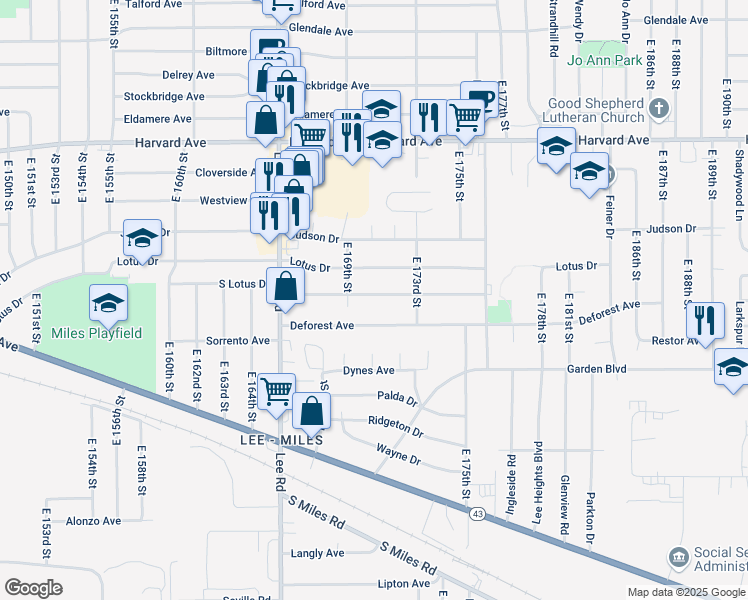 map of restaurants, bars, coffee shops, grocery stores, and more near 17006 Holly Hill Drive in Cleveland