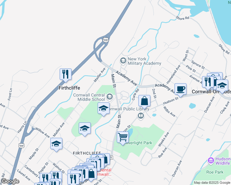 map of restaurants, bars, coffee shops, grocery stores, and more near 122 Main Street in Cornwall