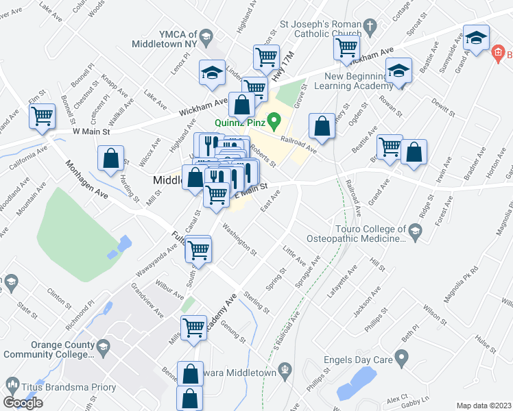 map of restaurants, bars, coffee shops, grocery stores, and more near 12 William Street in Middletown