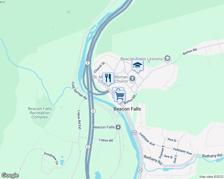 map of restaurants, bars, coffee shops, grocery stores, and more near 70 North Main Street in Beacon Falls