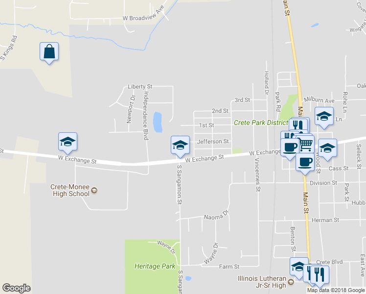 map of restaurants, bars, coffee shops, grocery stores, and more near 732 Jefferson Street in Crete
