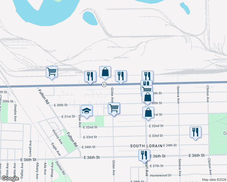 map of restaurants, bars, coffee shops, grocery stores, and more near 1701 East 29th Street in Lorain