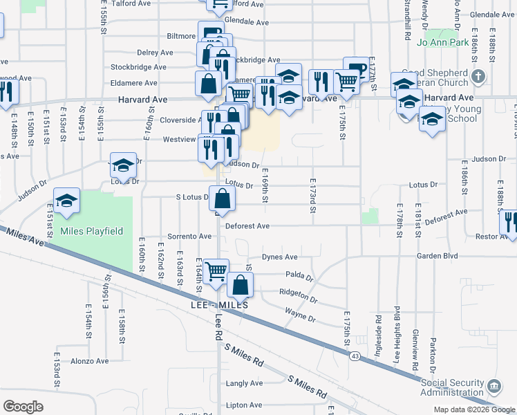 map of restaurants, bars, coffee shops, grocery stores, and more near 16801 Holly Hill Drive in Cleveland