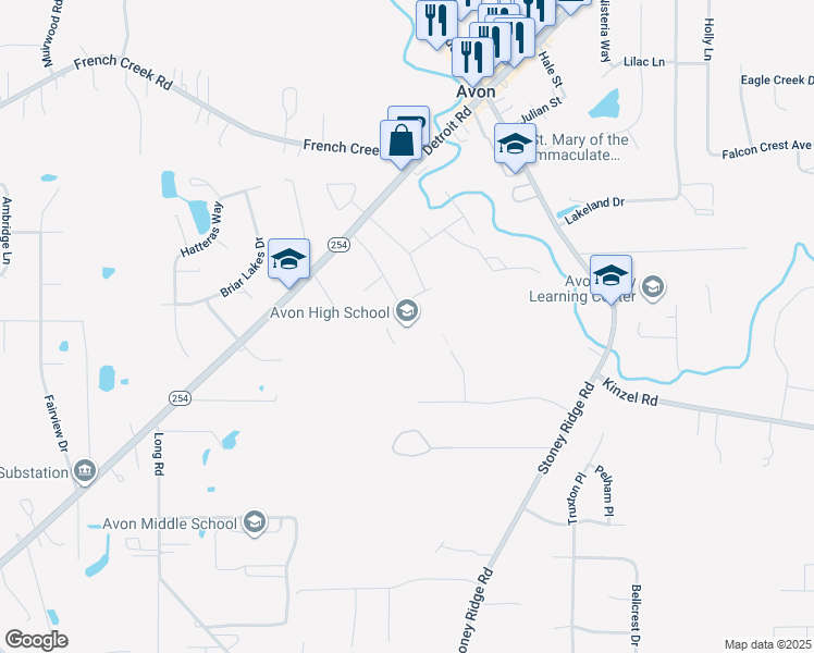 map of restaurants, bars, coffee shops, grocery stores, and more near 37545 Detroit Road in Avon