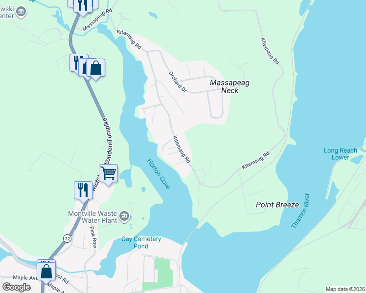 map of restaurants, bars, coffee shops, grocery stores, and more near 160 Kitemaug Road in Montville