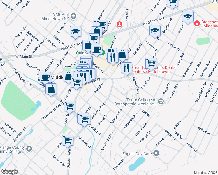 map of restaurants, bars, coffee shops, grocery stores, and more near 9 East Avenue in Middletown