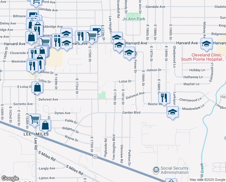 map of restaurants, bars, coffee shops, grocery stores, and more near 4192 East 178th Street in Cleveland